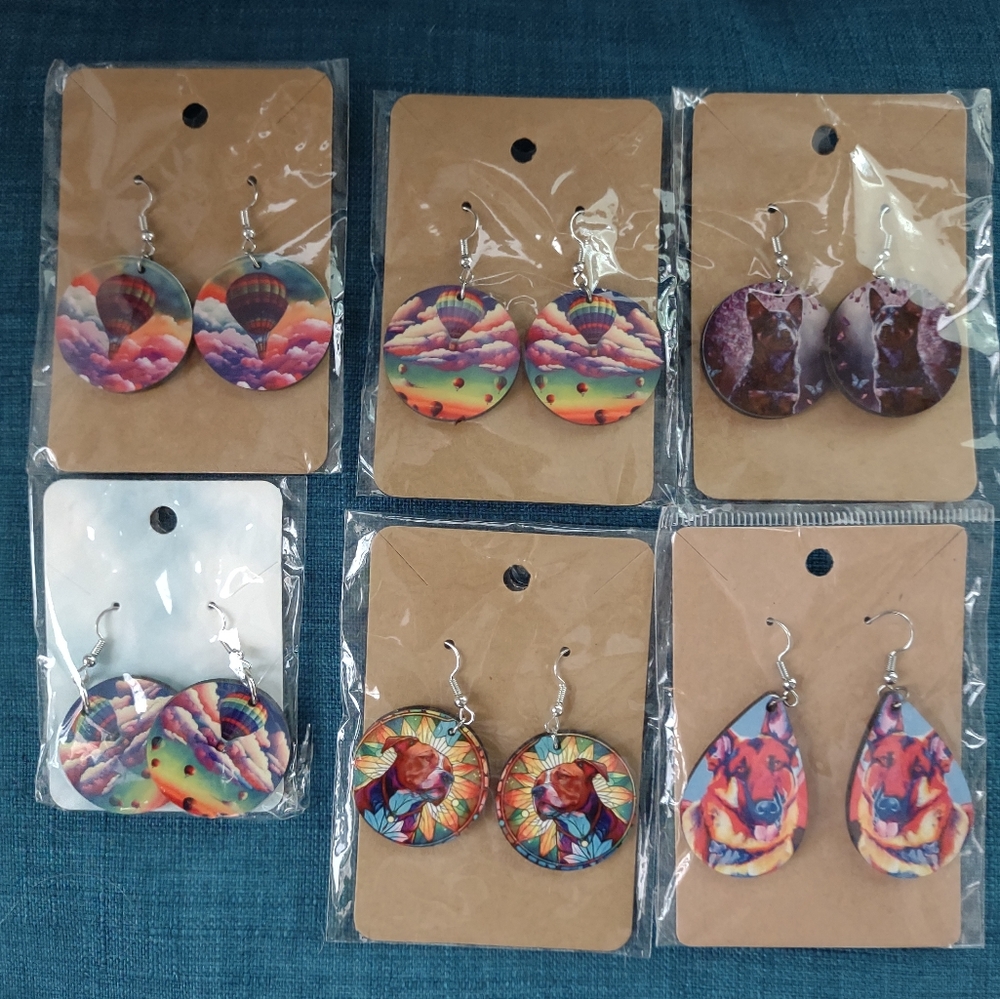 6 Handmade Colorful Dangle Earrings Sets Hot air Balloon And Dog Themed
